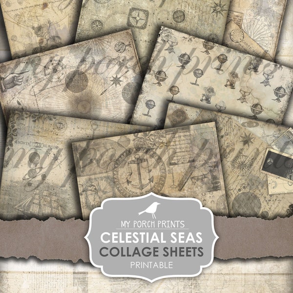 Junk Journal, Celestial, Seas, Nautical, Men, Papers, Ship, Map, Star, Ocean, Printable Paper, Digital, Steampunk, Science, Vintage Download