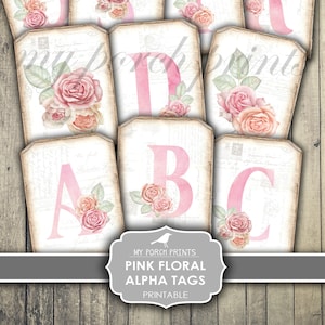 Alpha Tags, Pink, Floral, Junk Journal, Printable, Paper, Craft Kit, Boho, Vintage, Shabby, Scrapbook, Printable, My Porch Prints, Download