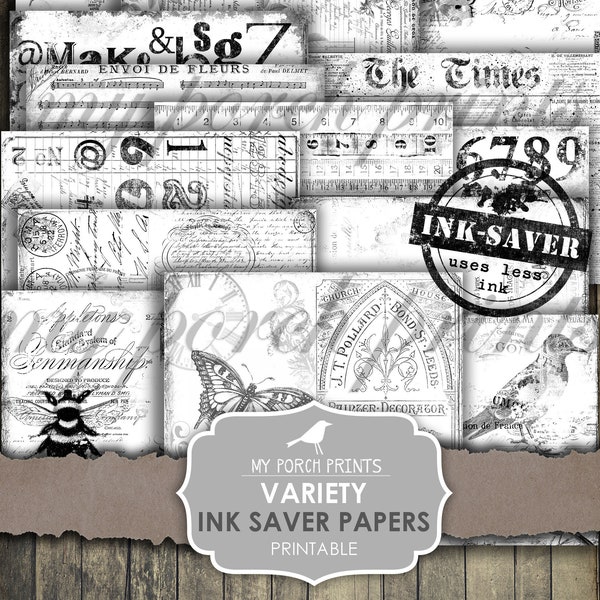Variety, Junk Journal, Printable, Papers, Ink Saver, Black and White, Collage Sheets, Digital Kit, My Porch Prints, Vintage, Download, Print