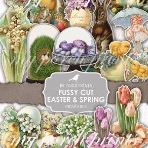 Junk Journal Ephemera, Fussy Cut, Easter, Spring, Bunny, Printable, Flowers, Cross, My Porch Prints, Cricut, Stickers, Digital Download