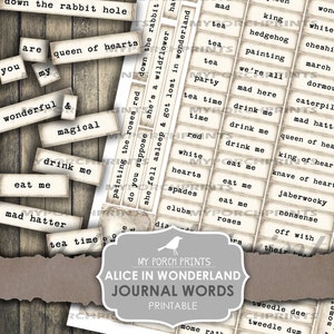Alice in Wonderland, Junk Journal, Phrases, Mixed Media, Words, Magical, Story, Labels, Parchment, Tag, My Porch Prints, Printable, Ephemera