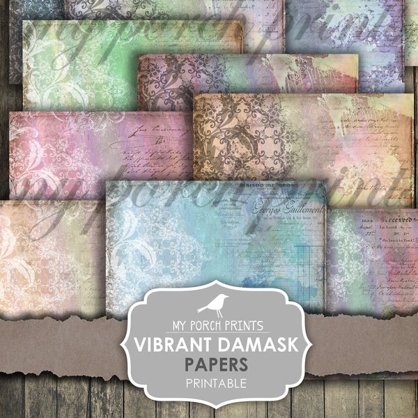 Vibrant Damask, Junk Journal, Papers, Collage Sheets, Printable Paper, Boho, Rainbow, Digital Kit, My Porch Prints, Vintage, Download