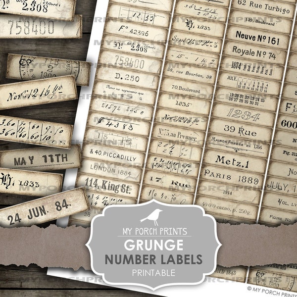 Grunge, Number, Labels, Parchment, Junk Journal, Definition, Neutral, Numbers, Mixed Media, Words, My Porch Prints, Printable, Ephemera