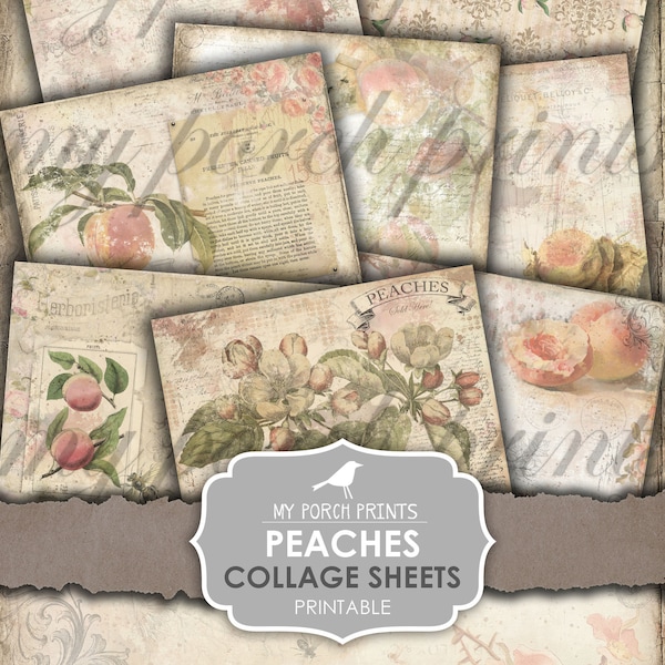 Junk Journal, Peach, Collage Sheets, Printable Paper, Peaches, Orchard, Pink, Fruit, Summer, Digital Kit, My Porch Prints, Vintage, Download