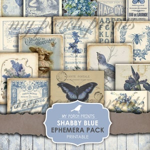Junk Journal, Ephemera, Pack, Shabby, Blauw, Vlinder, Invoegen, My Porch Prints, Supplies, Digitale Kit, Download, Junk Journal Kit, Afdrukbaar