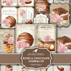 Junk Journal Kit, Chocolate, Roses, Valentines Day, Pink, Dessert, Mothers Day Gift, My Porch Prints, Tea Party, Digital Download, Printable