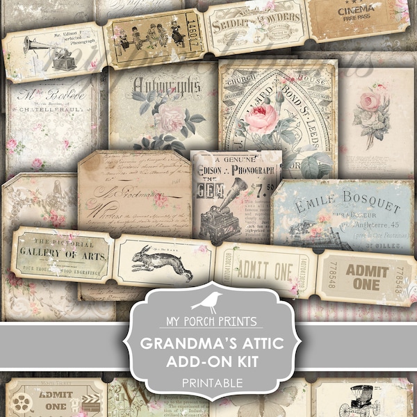 Grandma's Attic Add On Junk Journal Kit Printable Paper Shabby Chic Digital Kit Ephemera Junk Journal Printable My Porch Prints Download