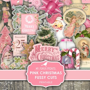 Pink Christmas, Fussy Cut, Junk Journal, December Daily, Sugar Cookie, Card, Printable Sticker, Cricut, My Porch Prints, Digital Download