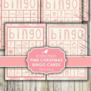 Christmas, BINGO, Cards, Game, Pink, Printable, for Families, Kids, Tags, Sugar, Ephemera, Craft Kit, My Porch Prints, Digital, Download