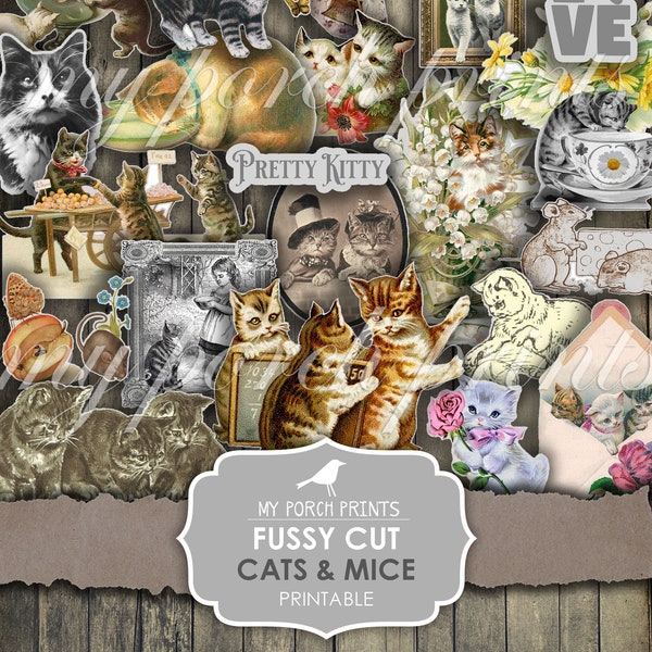Junk Journal Kit, Fussy Cut, Cats, Mice, Mouse, Kitten, Cat, Kitty, Animal, Printable, Cricut, Scan N Cut, My Porch Prints, Digital Download