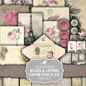 Junk Journal, Roses & Letters, Paper Stack, Envelope, Kit, Postcards, Printable Paper, Digital Kit, Ephemera, My Porch Prints, Download