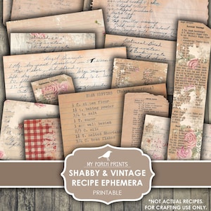 Junk Journal Kit, Recept, Ephemera, Shabby, Vintage, Handgeschreven, Kaarten, Boek, Moederdag, My Porch wordt afgedrukt, Digitale download, Afdrukbaar