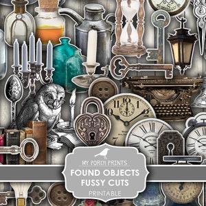 Junk Journal Ephemera, Fussy Cut, Found Object, Clock, Key, Antique, Steampunk, Cricut, Sticker, Printable, My Porch Prints Digital Download