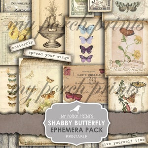 Junk Journal Ephemera Pack, Shabby, Schmetterling, Schmetterlinge, Einsatz, Meine Veranda Drucke, Postkarte, digitaler Download, Junk Journal Kit, printable