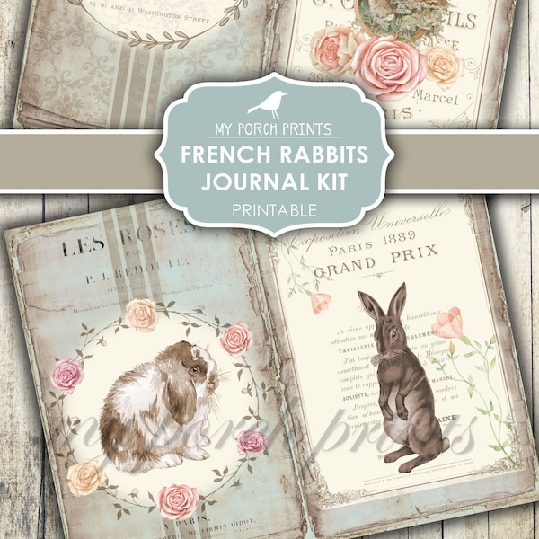 Junk Journal, French, Rabbit, Bunny, Easter, Not, Peter, Blue, Baby Girl, Boy, Shabby, Kit, My Porch Prints, Digital, Download, Printable