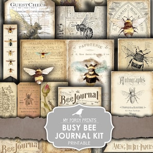 Busy Bee, Junk Journal Kit, Beekeeper, Bees, Vintage, My Porch Prints, Junk Journal, Printable, Paper, Yellow, Ephemera, Digital, Download