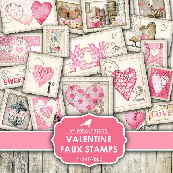 Valentine Stamps, Faux, Junk Journal, Pink, Valentine's Day, Decoration, Kit, Sticker, Tag, Card, Box, My Porch Prints, Printable, Download