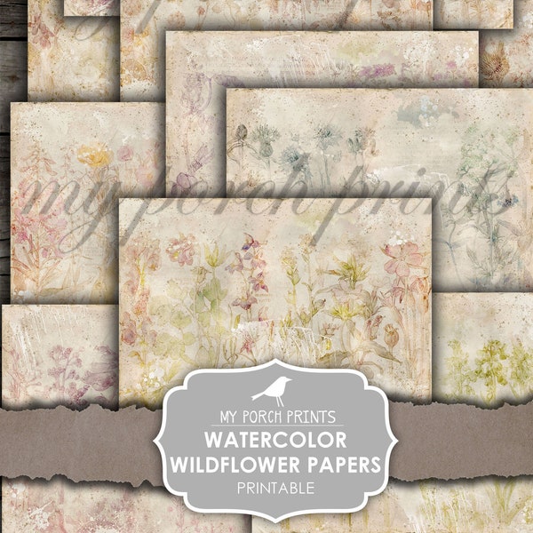 Junk Journal, Watercolor Wildflower Papers, Botanical, Collage, Ephemera, My Porch Prints, Scrapbook, Printable, Vintage, Digital Download