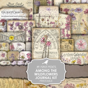 Junk Journal Kit, Among the Wildflowers, Botanical, Flower, Vintage, My Porch Prints, Purple, Printable, Paper, Ephemera, Digital, Download