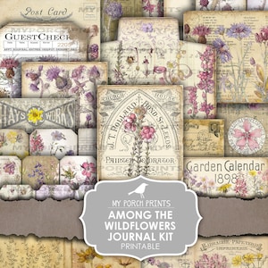 Junk Journal Kit, Among the Wildflowers, Botanical, Flower, Vintage, My Porch Prints, Purple, Printable, Paper, Ephemera, Digital, Download