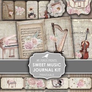 Junk Journal Kit, Zoet, Muziek, Instrument, Piano, Gitaar, Viool, Musical, Minnaar, Cadeau, Blad, Mijn Veranda Prints, Digitale Download, Afdrukbaar