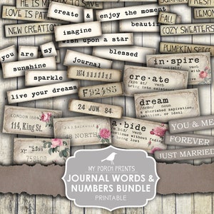 Junk Journal, Journal Words, Bundle, Definition, Script, Numbers, Phrases, Mixed Media, Words, My Porch Prints, Printable, Digital Download