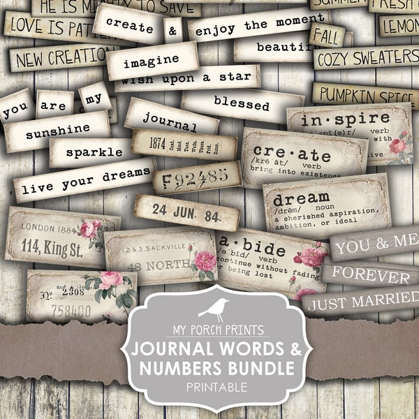 Junk Journal, Journal Words, Bundle, Definition, Skript, Zahlen, Phrasen, Mixed Media, Wörter, My Porch Prints, druckbar, digitaler Download