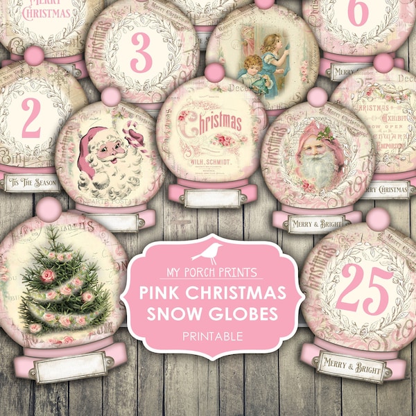 Snow Globe, Christmas, Tags, Advent, Shabby, Pink, Junk Journal, December Daily, Countdown, Number, My Porch Prints, Gift, Digital, Download