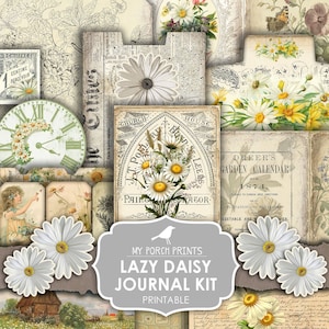 Lazy Daisy, Junk Journal Kit, Bloem, Madeliefjes, Vintage, My Porch Prints, Junk Journal, Afdrukbaar, Papier, Pagina's, Kortstondige, Digitaal, Download
