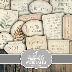 Junk Journal, Weihnachten, Wort, Etiketten, Vintage, Weihnachtsmann, Tags, Wörter, Sätze, Ephemera, Ticket, Meine Veranda Drucke, druckbar, digitaler Download