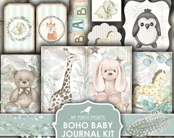 May include: A collage of watercolor illustrations and tags with a boho baby theme. Includes teddy bears, a giraffe, a bunny, a rainbow, and the text "Boho Baby Journal Kit Printable". The color palette is soft with muted tones of beige, blue, and brown.