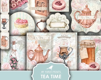 May include: A printable journal kit with a tea time theme. The kit includes images of teapots, teacups, tea leaves, cookies, and other tea-related items. The images are in a vintage style with watercolor illustrations and text.