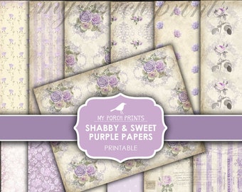 Junk Journal, Shabby and Sweet, Purple, Papers, Lavender, Lilac, Printable Paper, My Porch Prints, Stripe, Rose, Vintage, Digital Download
