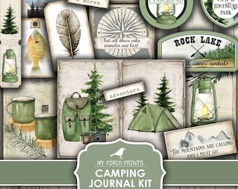 May include: Printable camping journal kit with a variety of images and text, including a compass, a lantern, a tent, a canoe, a mug, a backpack, a camera, a fish, a feather, and trees. The text includes "Camp-tastic!" "Camping Mode" "The Great Outdoors" "Rock Lake Rentals" "Rock Lake & Canoe Rentals" "Not all those who wander are lost" "Adventure" "The Mountains are Calling and I Must Go" and "My Porch Prints Camping Journal Kit Printable".