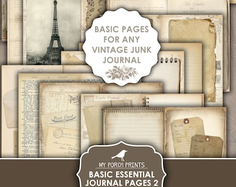 May include: A set of printable vintage journal pages featuring a variety of designs, including a calendar, a postcard, and a page with the Eiffel Tower. The pages are in shades of brown, beige, and white, and have a distressed look. The text "BASIC PAGES FOR ANY VINTAGE JUNK JOURNAL" is in a white circle on a brown background.