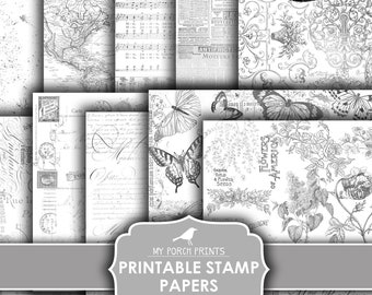 Printable Stamp Papers, Junk Journal, Vintage, Black and White, Ink Saver, Neutral, Grunge, Scrapbook, Digital, My Porch Prints, Download