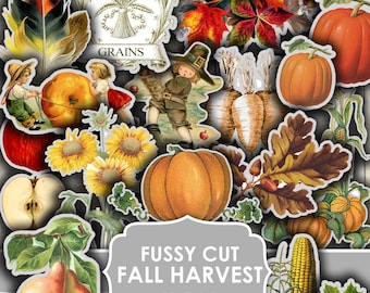 May include: A set of printable fall harvest images, including pumpkins, apples, corn, leaves, sunflowers, and a pilgrim. The images are in a vintage style and are perfect for scrapbooking, card making, or other crafts.