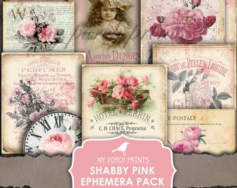 Shabby Pink Ephemera Pack, Junk Journal, Papers, My Porch Prints, Tag, Treasure Book, Digital Kit, Download, Junk Journal Kit, Printable
