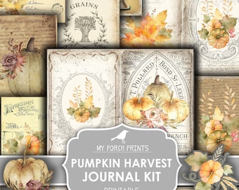 May include: Printable journal kit with a fall harvest theme. The kit includes images of pumpkins, sunflowers, mushrooms, leaves, and other fall elements. The text "Pumpkin Harvest Journal Kit" and "Printable" are included in the image.