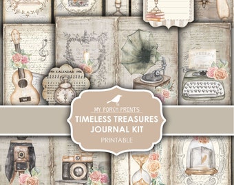 May include: A printable journal kit with a vintage theme. The kit includes images of a typewriter, a gramophone, a birdcage, a rocking horse, a guitar, a clock, an hourglass, a magnifying glass, a telephone, and a candle. The kit also includes a calendar page and a title page that says "Timeless Treasures Journal Kit".
