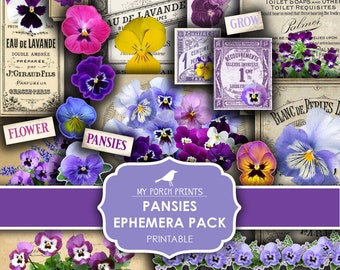 May include: Printable ephemera pack featuring vintage illustrations of pansies, with text that reads "When Pansies Bloom Again", "Pretty Pansies", "Eau de Lavande", "Parfumerie", "Grow", "Lovers of Exquisite Perfumes", and "Blanc de Perles".