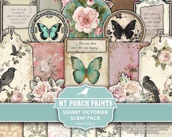 Shabby Victorian Scrap Pack, Roses, Teal, Ephemera, Junk Journal, Kit, Pink, Papers, Vintage, My Porch Prints, Printable, Digital Download