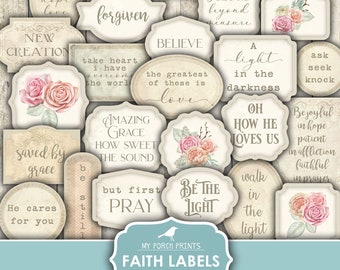 Faith Labels, Junk Journal, Bible Journaling, Words, Stickers, Verse, Prayer, Fussy Cut, Scripture, My Porch Prints, Printable, Download