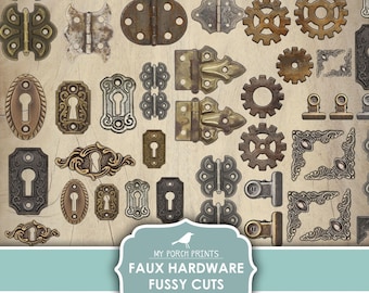 Faux Hardware Fussy Cuts, Junk Journal, Corners, Gears, Steampunk, Hinges, Stickers, Grunge, My Porch Prints, Printable Digital Download