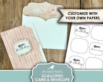 May include: Printable template for a scalloped card and envelope. The template features a pink and white striped card with a scalloped edge and a white envelope with a scalloped edge and a floral pattern. The template is customizable with your own papers. The text "Happy Birthday" is on the card and envelope.