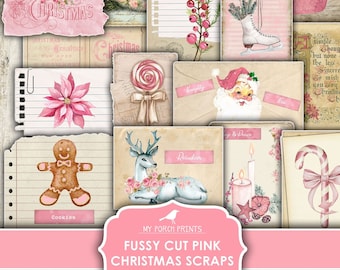 Puede incluir: Papel digital de scrapbooking con temática navideña en rosa y blanco con imágenes de un hombre de jengibre, un reno, Papá Noel, un bastón de caramelo, una media, una flor de pascua, una taza de chocolate caliente y un árbol de Navidad. También se incluye el texto "Feliz Navidad" y "25 de diciembre".