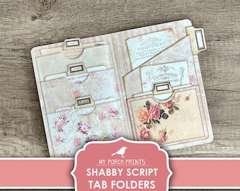 Tab Folders, Shabby Script, Junk Journal, Vintage, Folder, Pockets, Ephemera, My Porch Prints, Insert, Digital Kit, Download, Printable