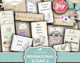 May include: A set of printable digital scrapbook paper featuring inspirational quotes and floral designs. The paper includes quotes like "Live your dream", "You are amazing", and "Do what you love".