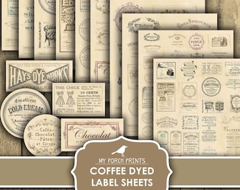 Op de afbeelding: Printbare koffiegekleurde etikettenbladen met vintage ontwerpen. De bladen bevatten verschillende etiketten met tekst zoals "Cafés Chocolat, Pâtes et Sirops", "This Check 10 Cents", "Emolliem Kold Cream", "The New Phonograph Price $20", "Grand Magazine of Art", "Vins & Spiritueux", "Hay's Dye Works", "Cremo Tira", "Cacao Payraud" en "Edison Standard".