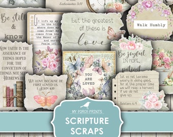 Scripture Scraps, Junk Journal, Bible Journaling, Stickers, Verse, Prayer, Fussy Cut, Faith, My Porch Prints, Printable, Digital Download